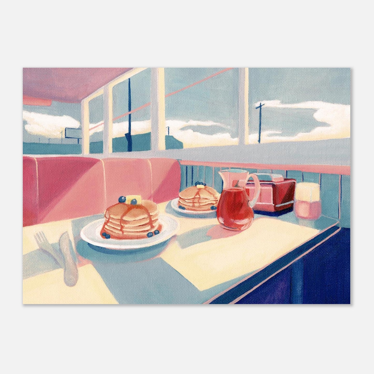 Illustration of a diner interior with pancakes on a table.