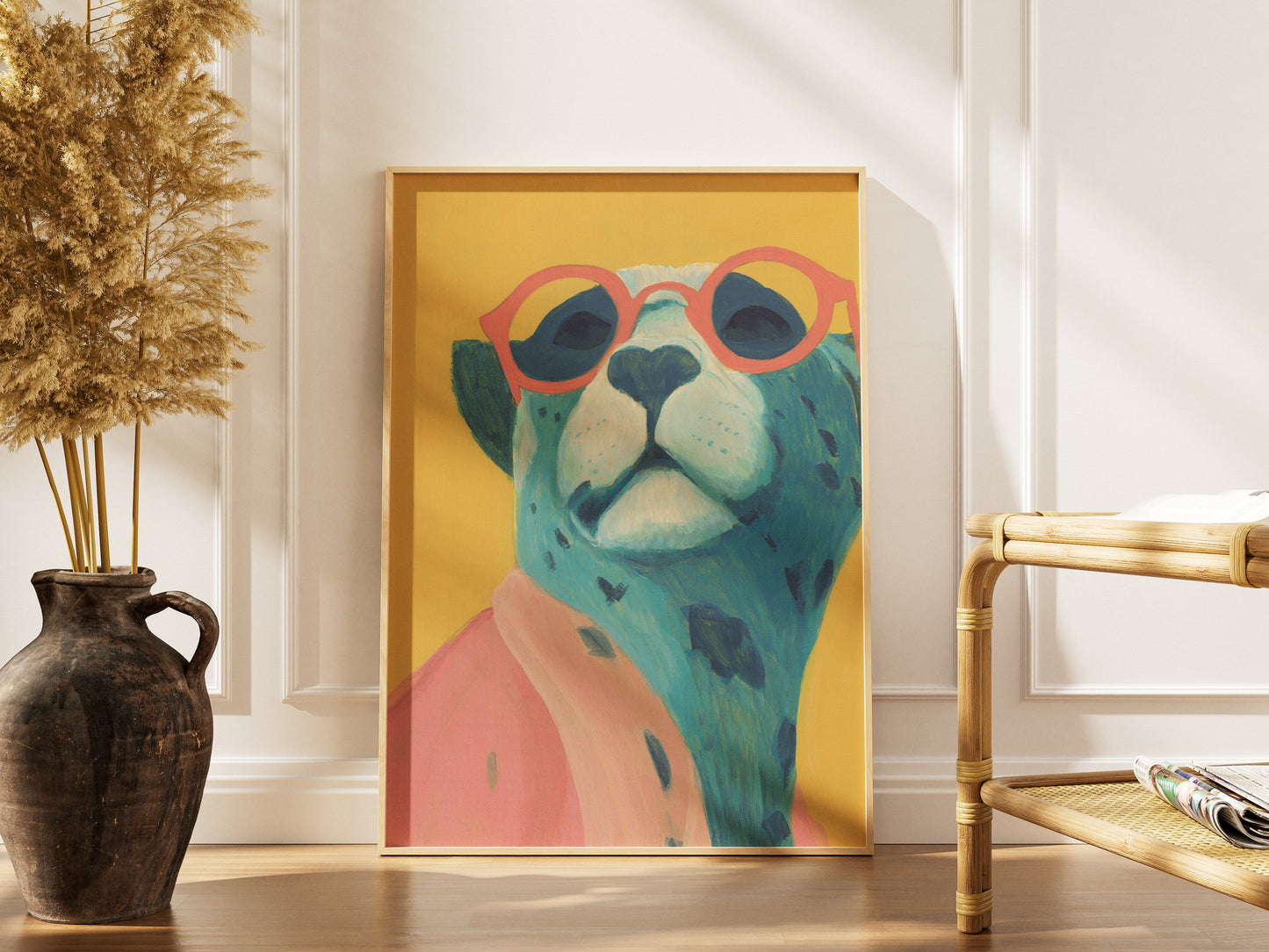 Colorful painting of a big cat with glasses