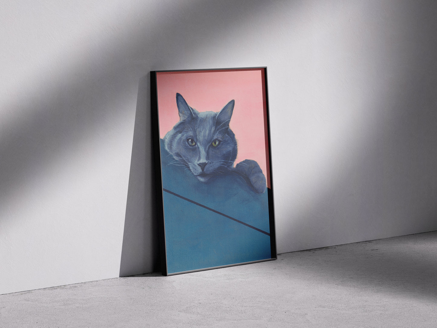 artwork of a blue cat on a pink background peeking over a shelf