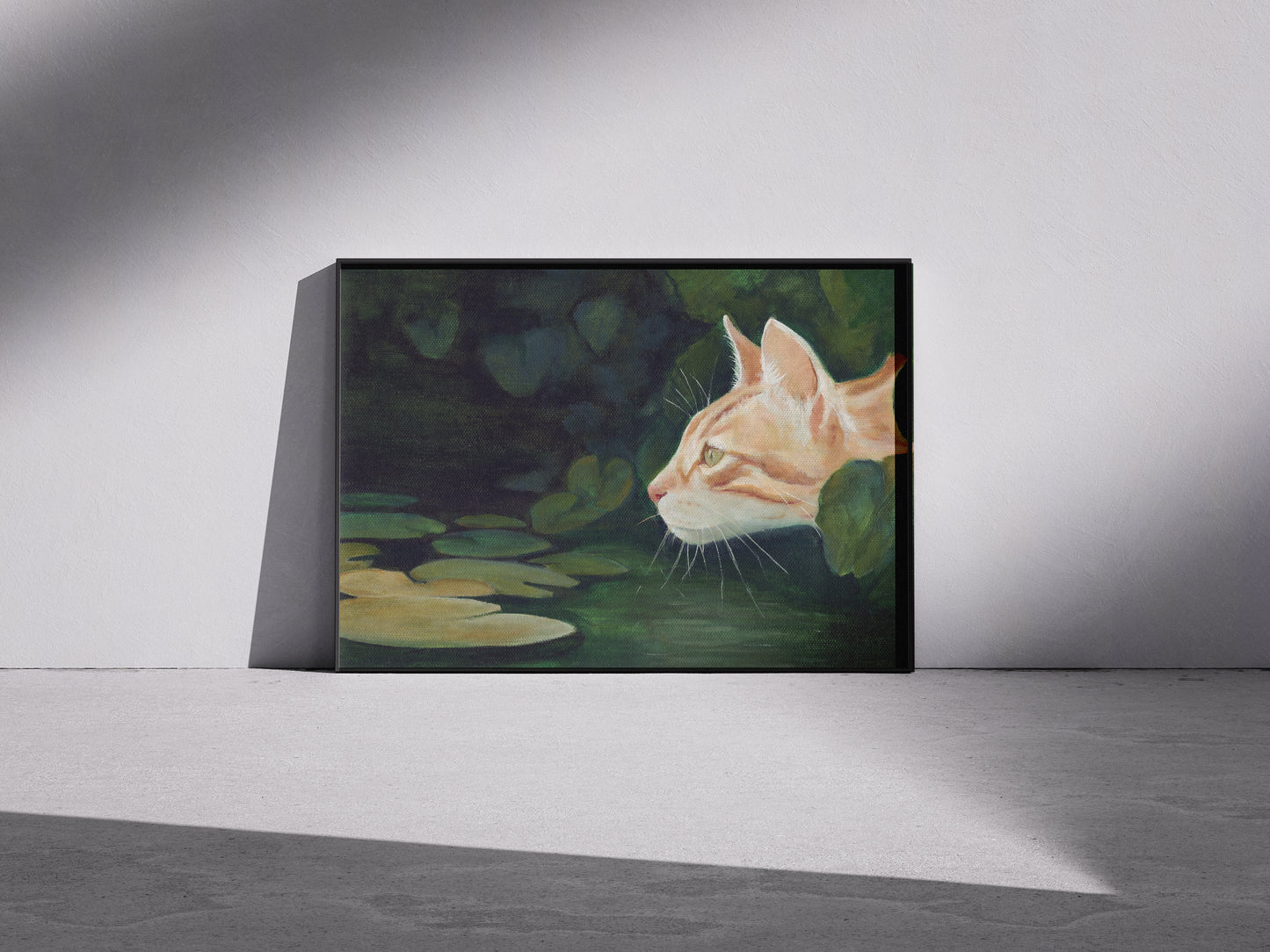 artwork of a ginger cat over a pond