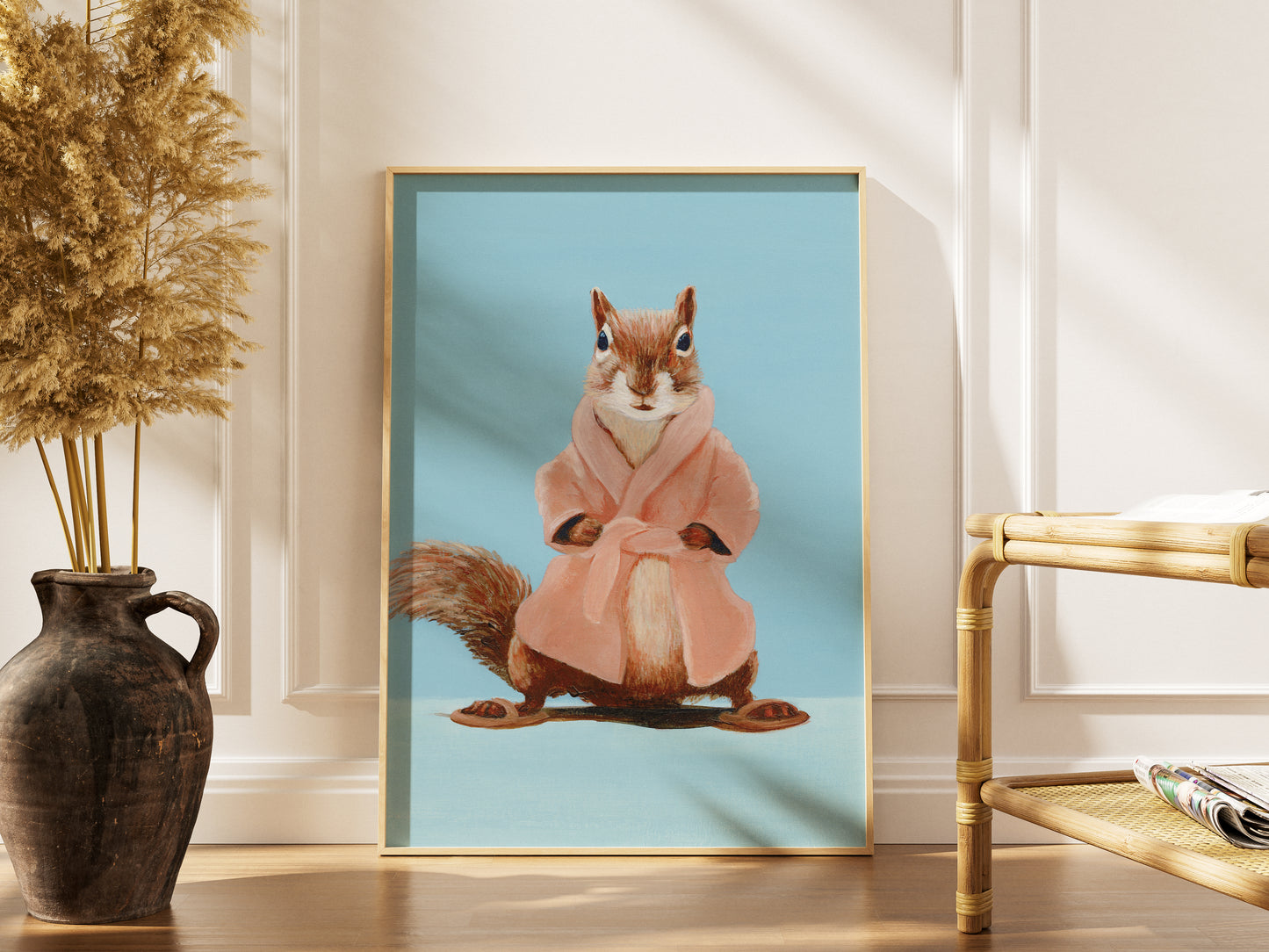 a squirrel in a pink robe on a light blue background