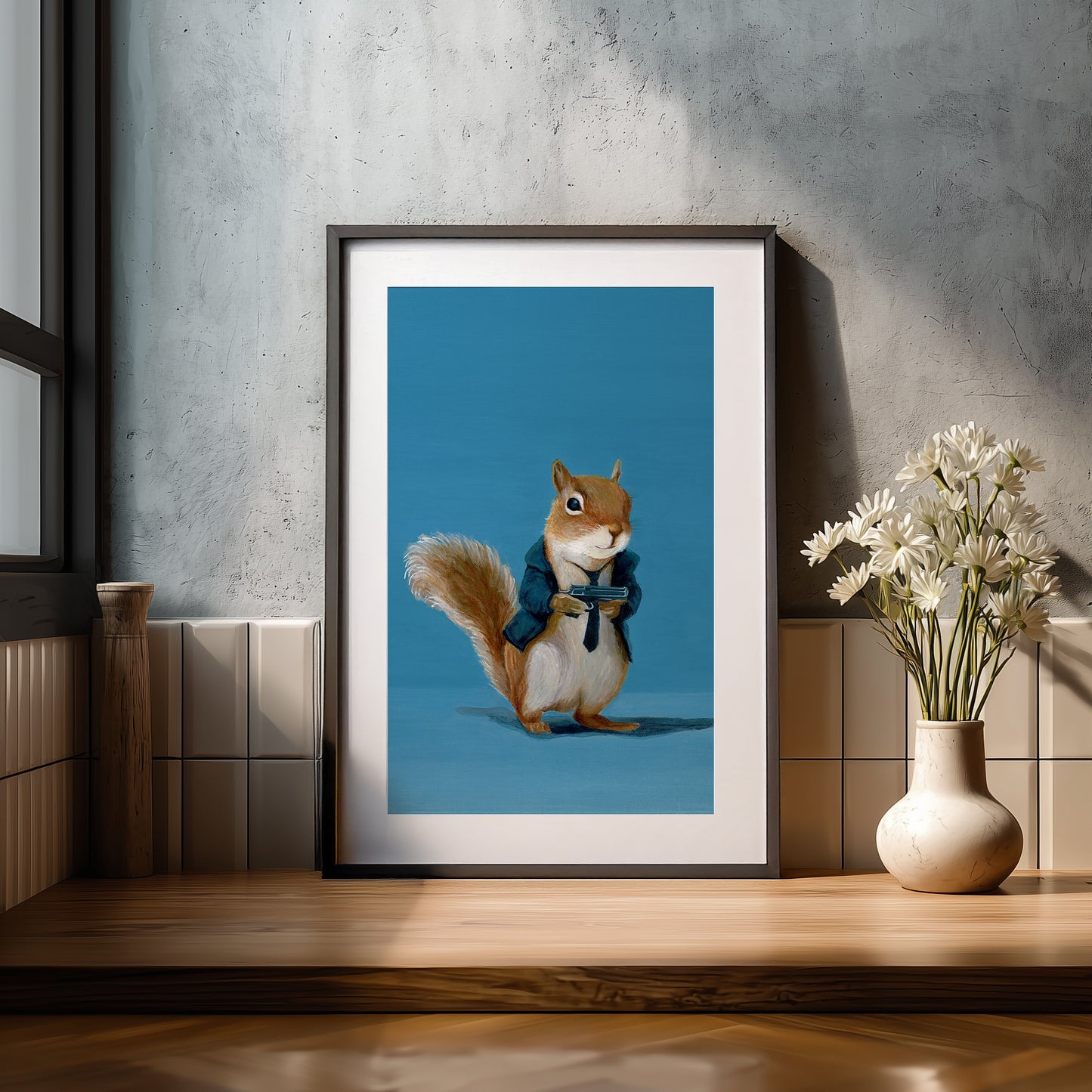 Framed artwork of a squirrel in a suit holding a gun, secret agent, james bond