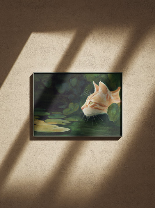Framed artwork of a Ginger cat by a pond
