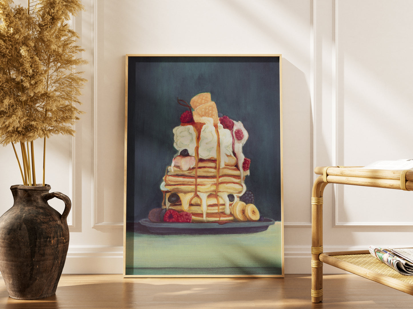 a stack of pancakes with syrup and fruit 