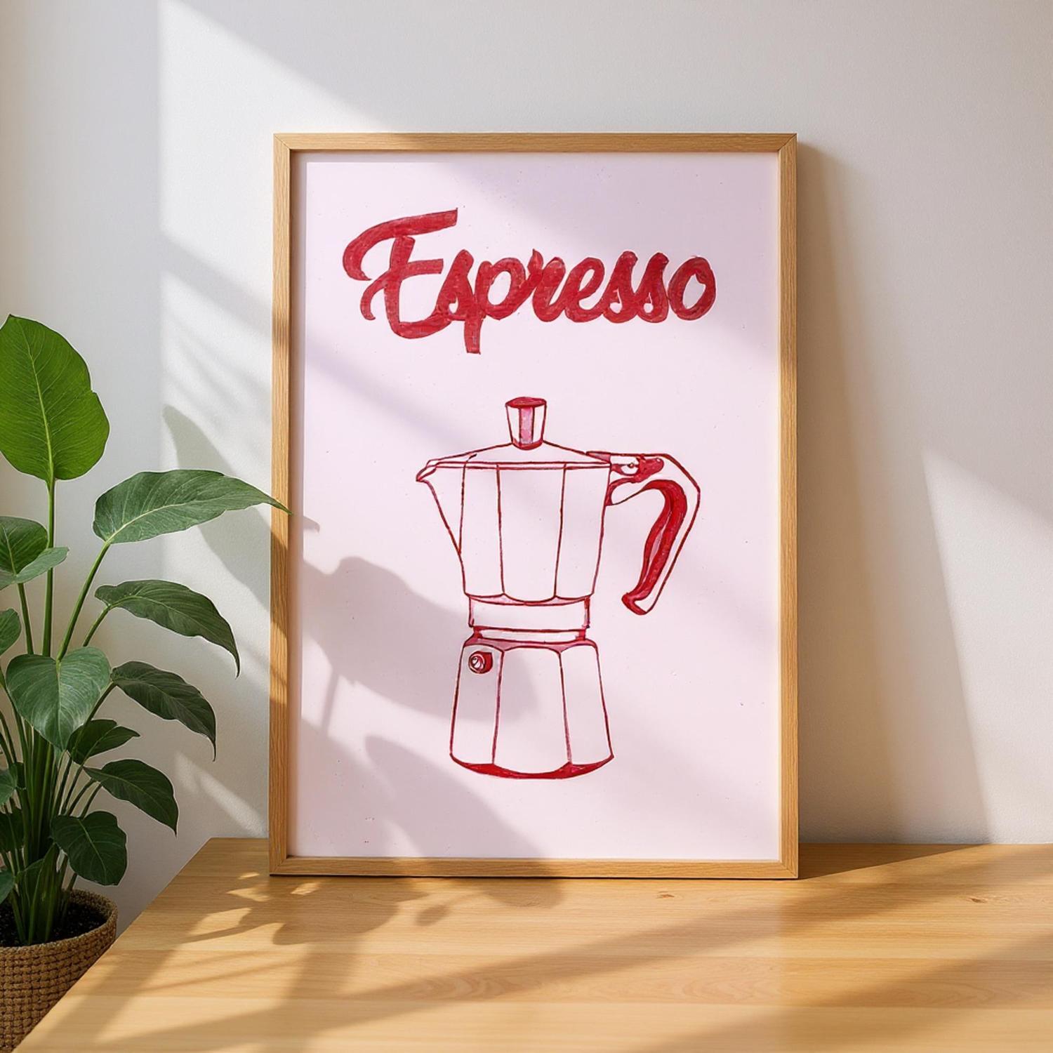 'Espresso' and a coffee maker illustration on a pink background