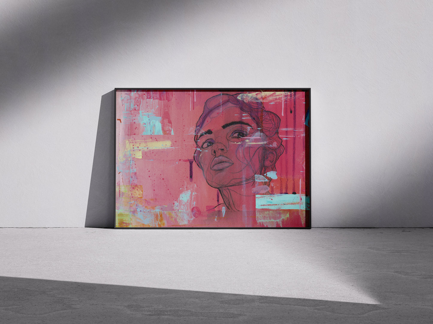 Abstract art piece with a woman's face on a pink background