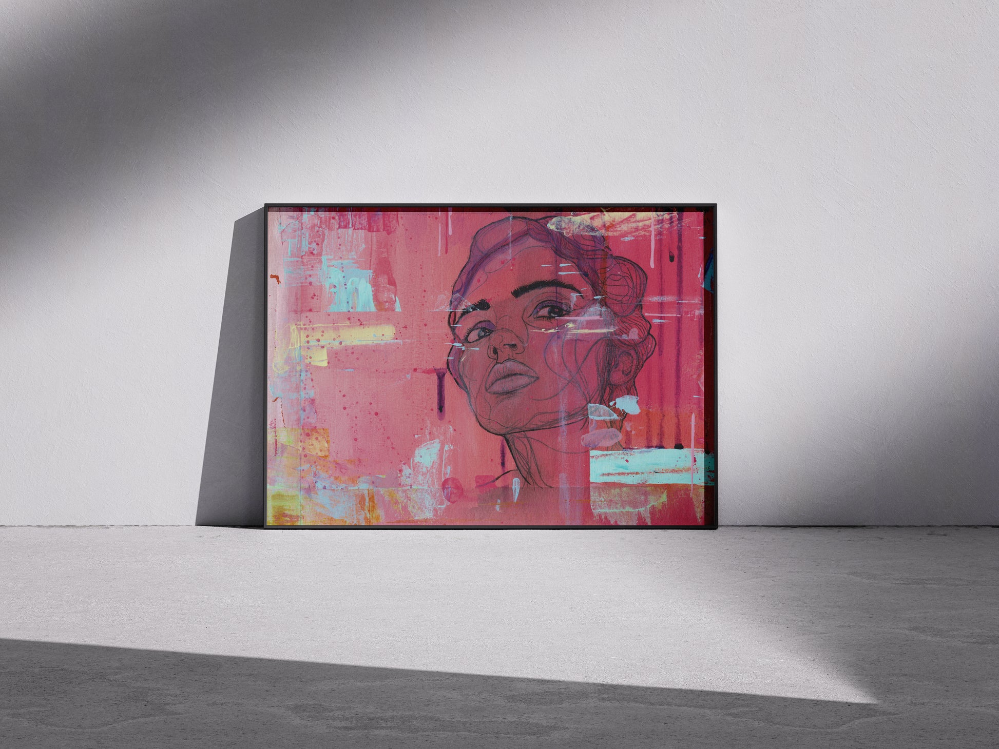 Abstract art piece with a woman's face on a pink background
