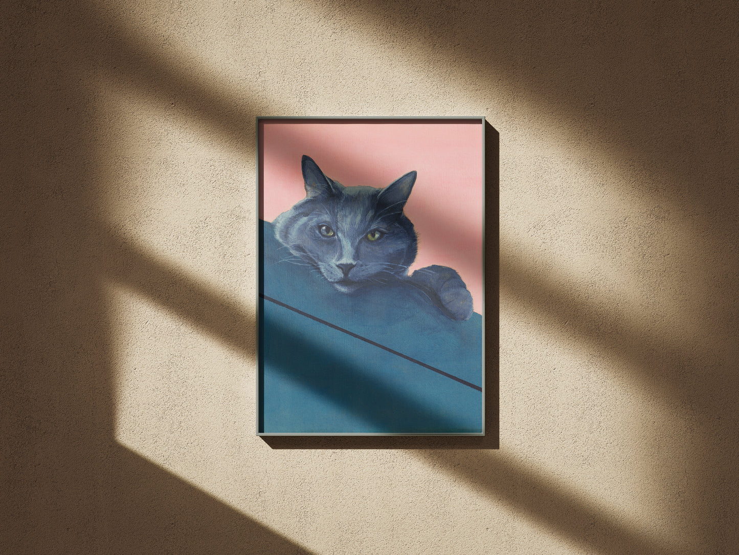 artwork of a grey cat peeking over a shelf on a peach background