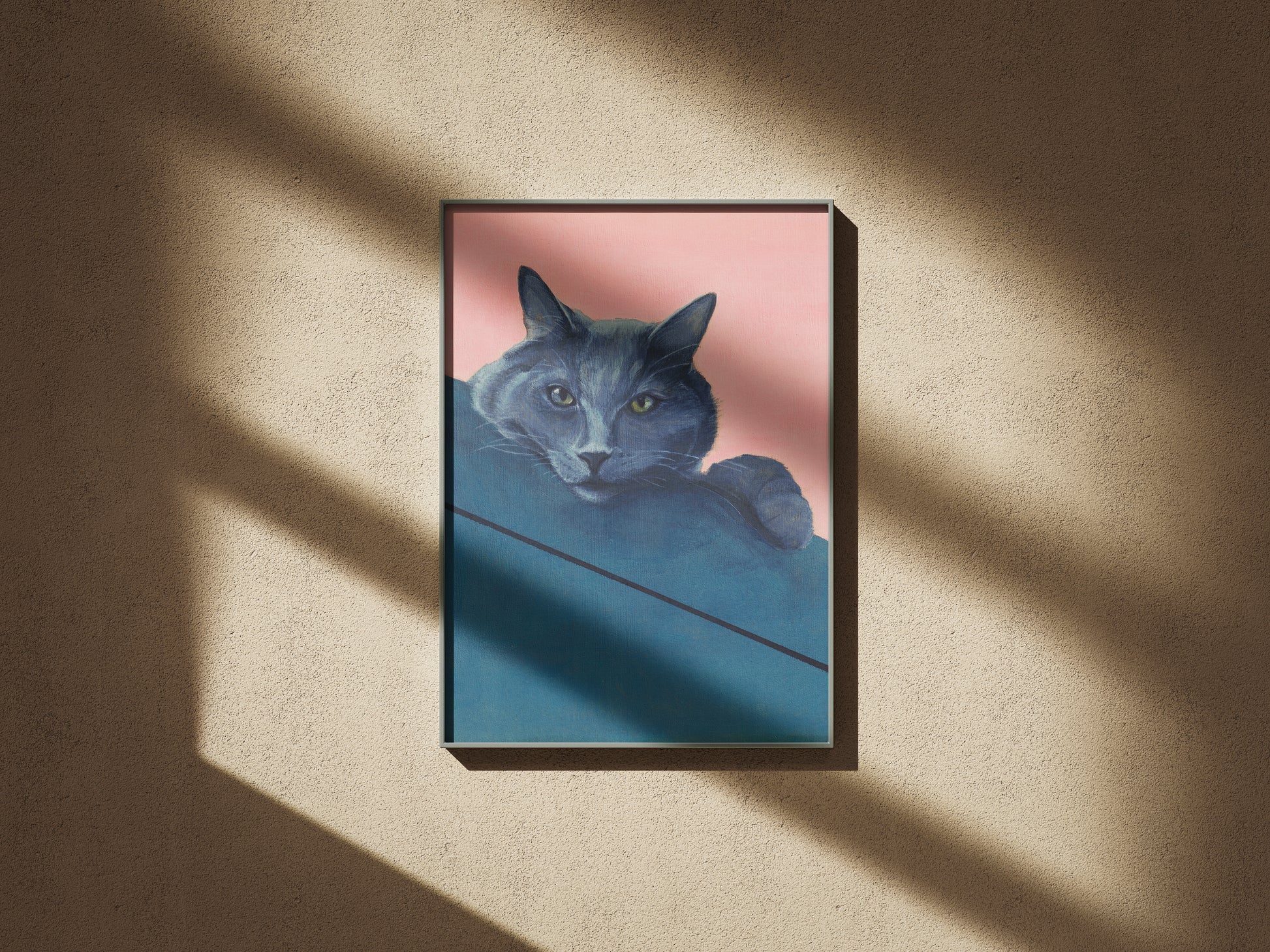 artwork of a grey cat peeking over a shelf on a peach background