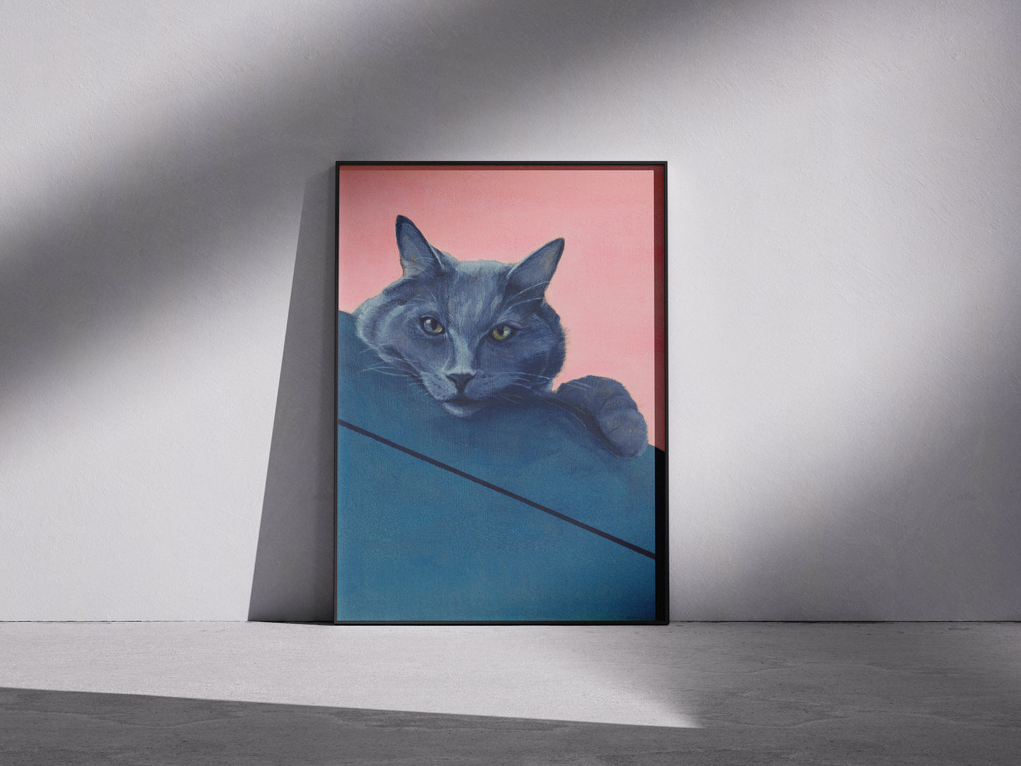 artwork of a grey cat peeking over a shelf on a peach background