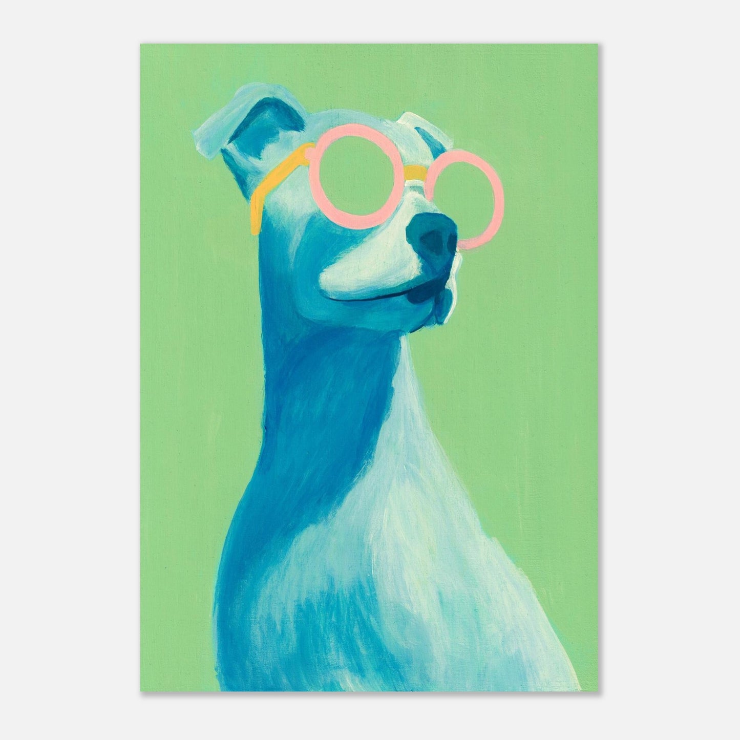 Blue dog illustration with pink sunglasses on a green background