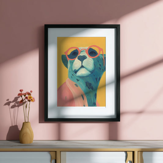 Framed artwork of a colorful big cat with glasses