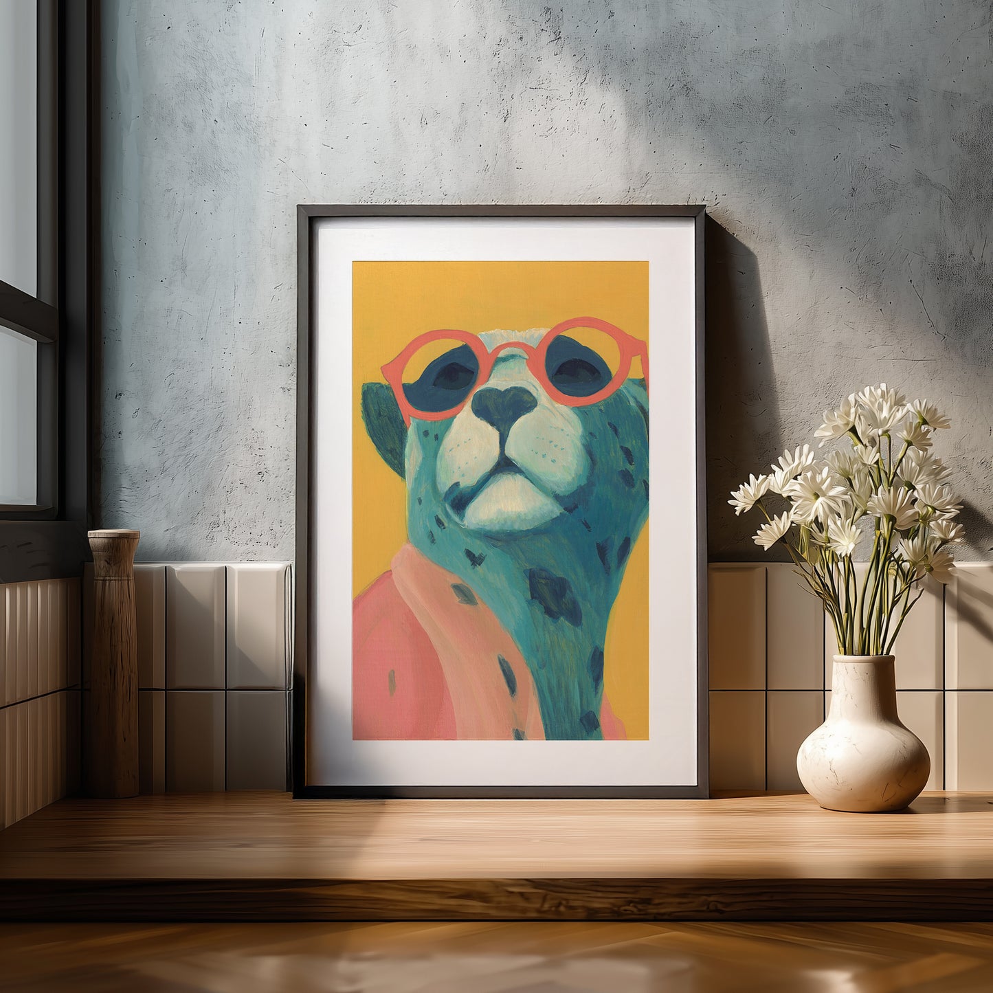 Framed colorful animal art print of a cheetah