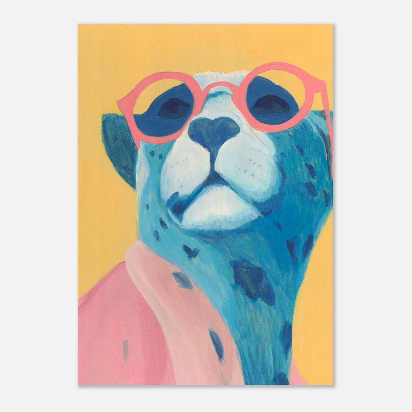 Artistic illustration of a blue creature wearing pink glasses on a yellow background