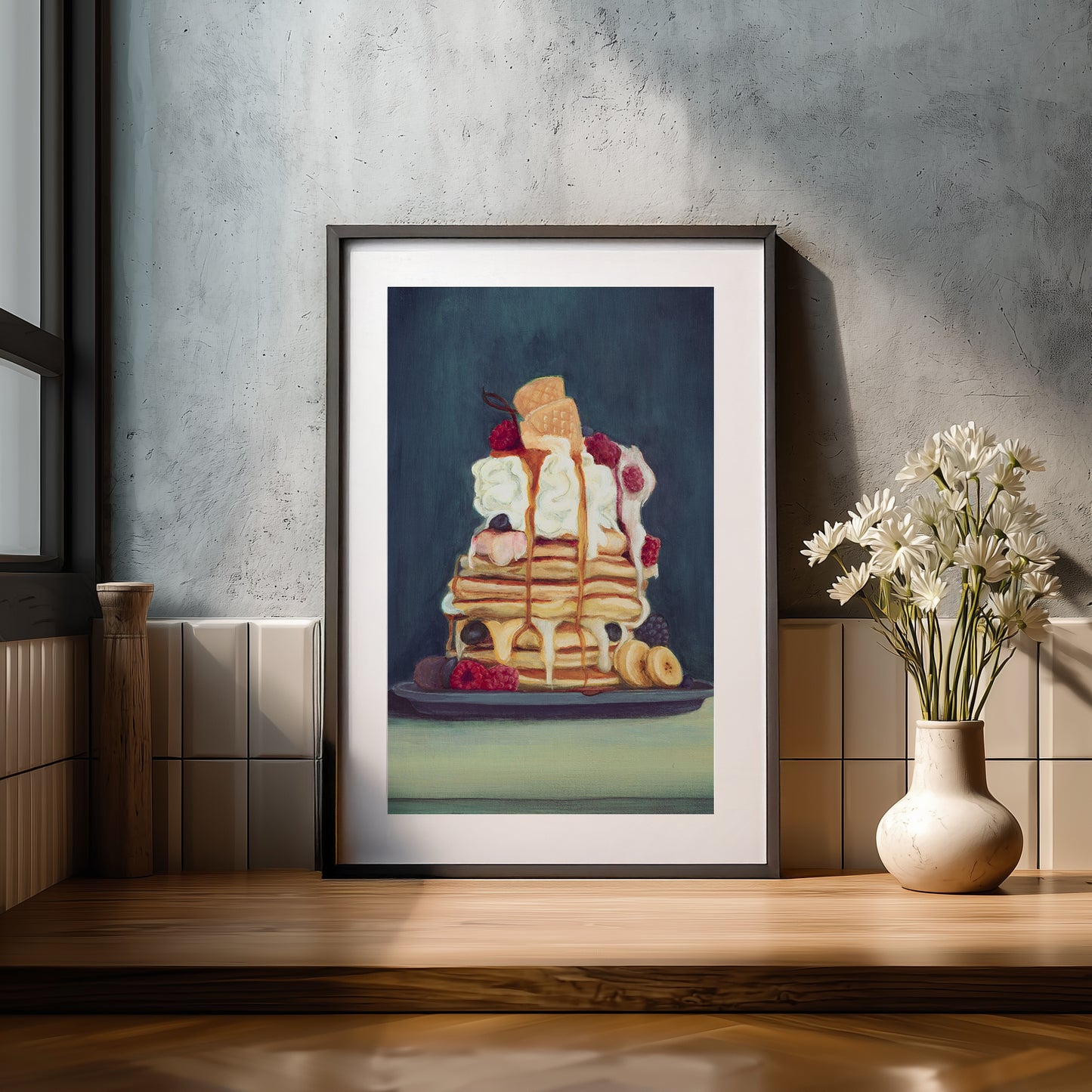 A stack of pancakes with syrup and fruit on a wooden shelf.