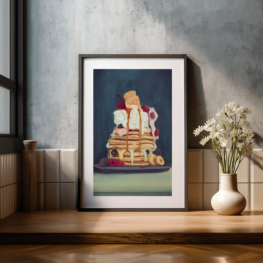 A stack of pancakes with syrup and fruit on a wooden shelf.