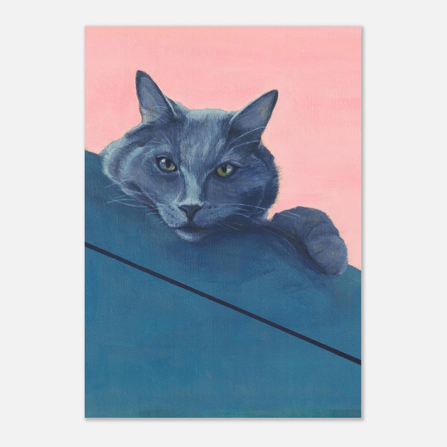 Painting of a blue cat on a pink and blue background