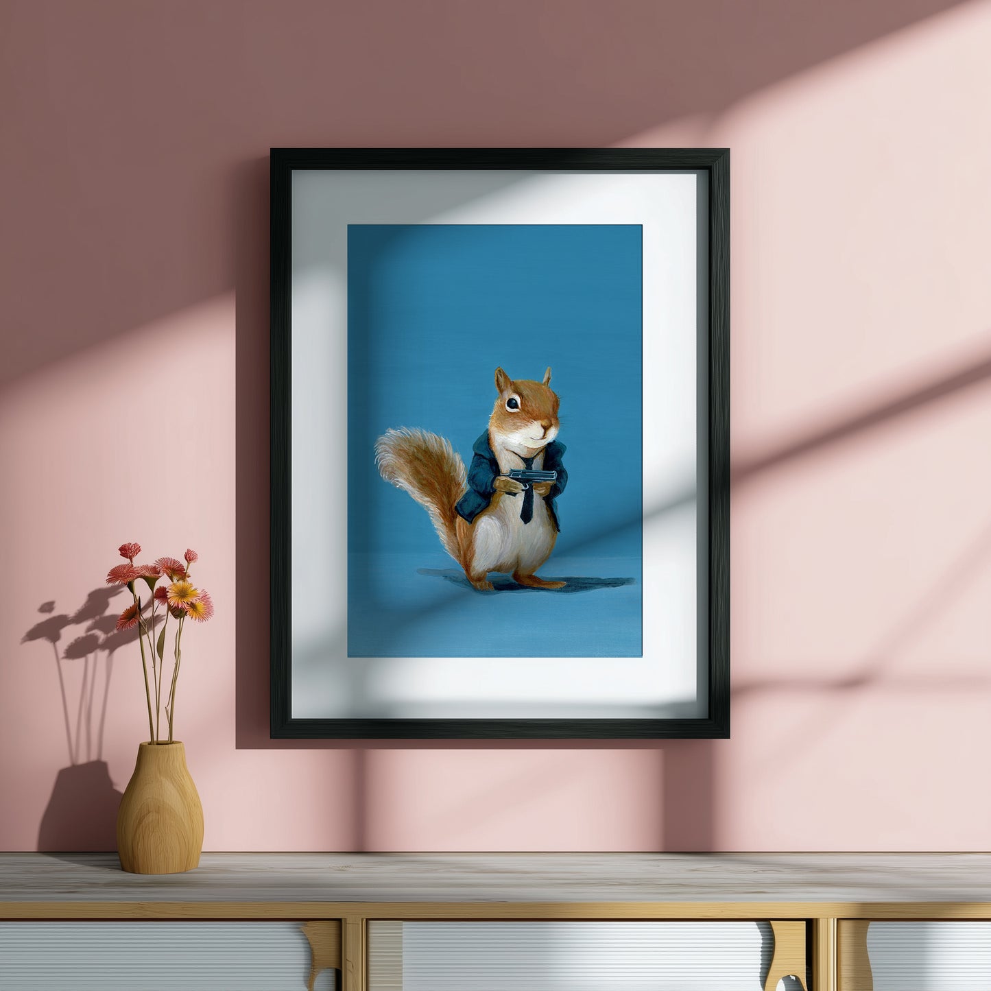 a squirrel holding a gun wearing a blazer and tie