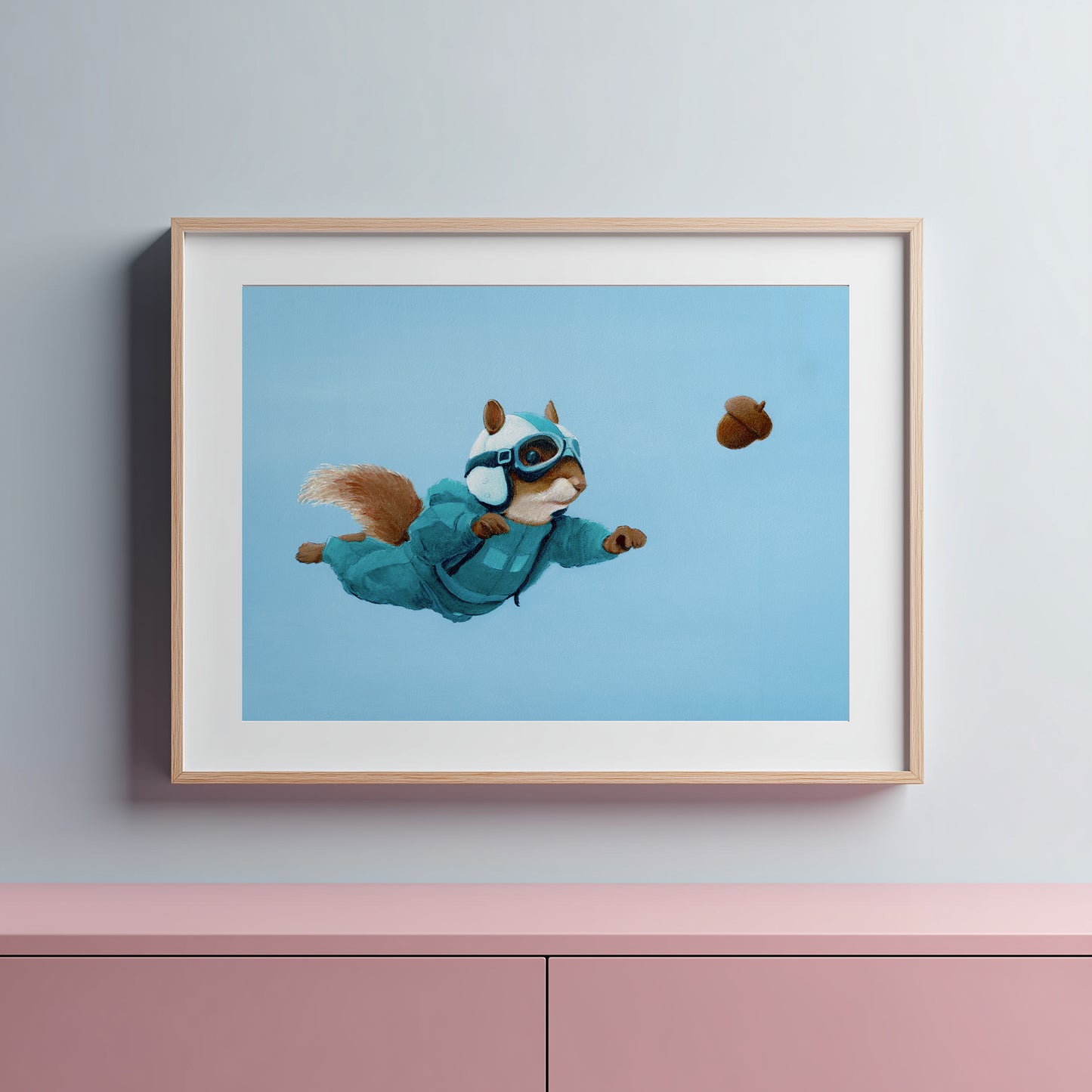 Squirrel in a blue jacket and goggles against a light blue background.