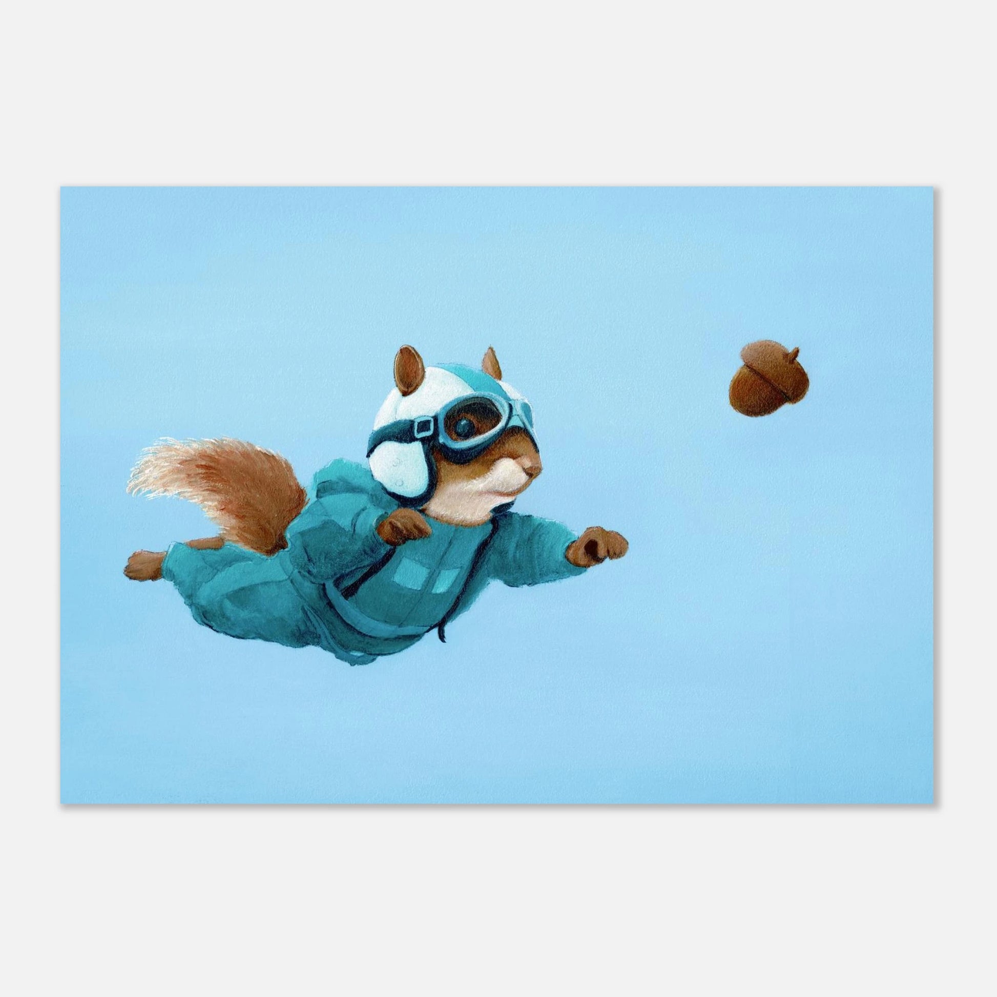 Squirrel in a blue flight suit with goggles on a light blue background