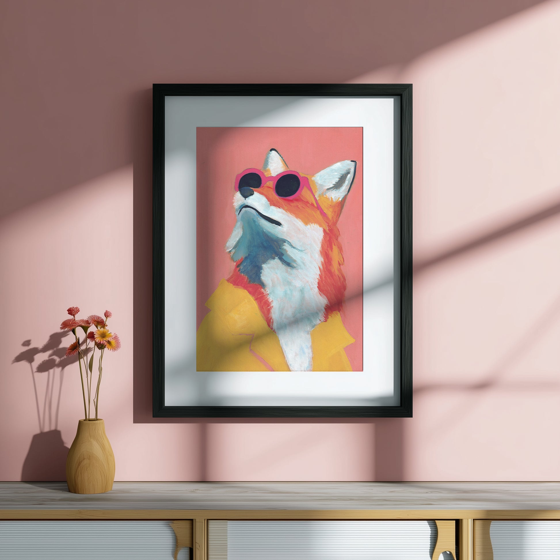 artwork of a fox wearing sunglasses on a pink background