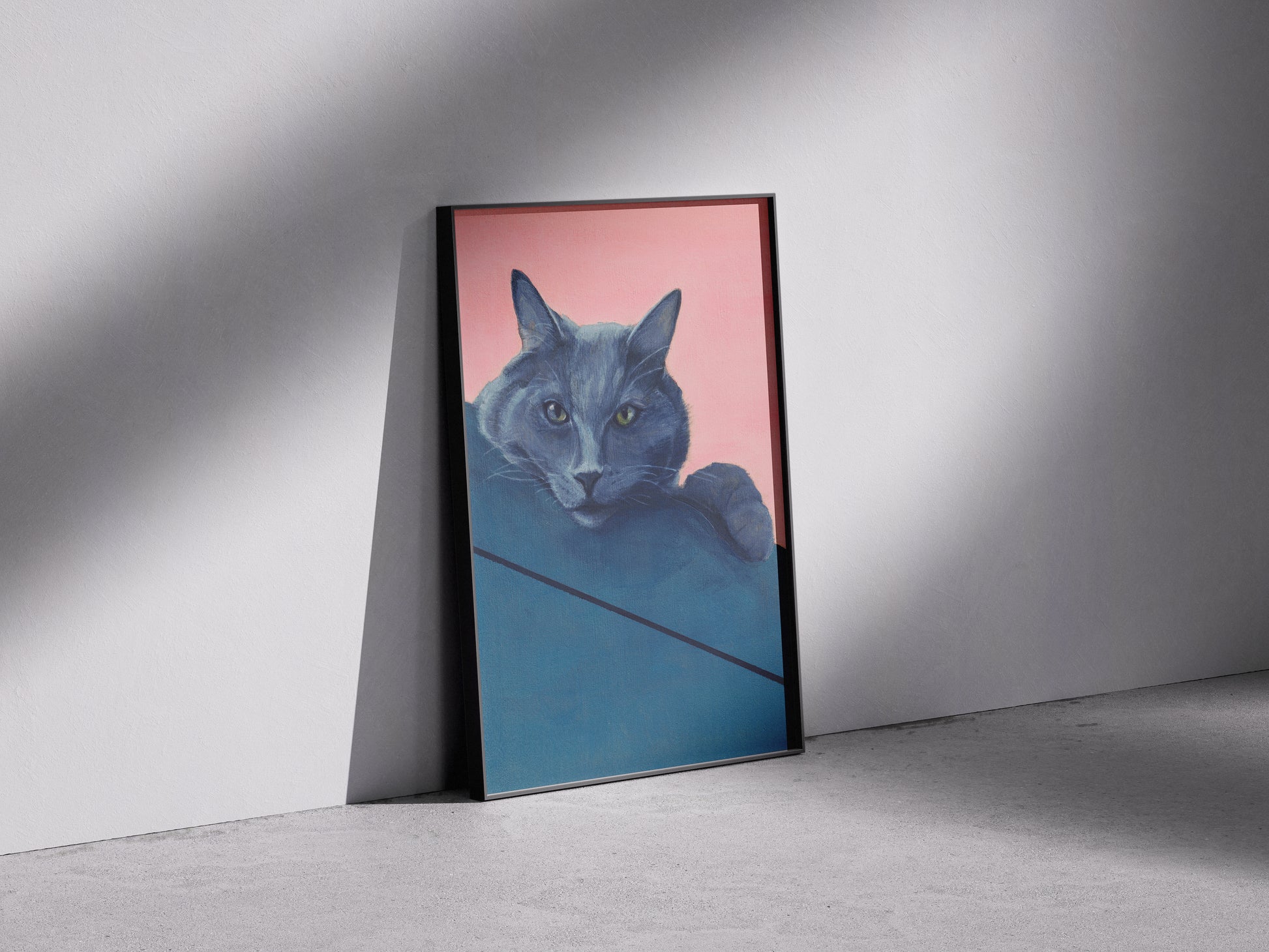  artwork of a blue cat on a pink background peeking over a shelf