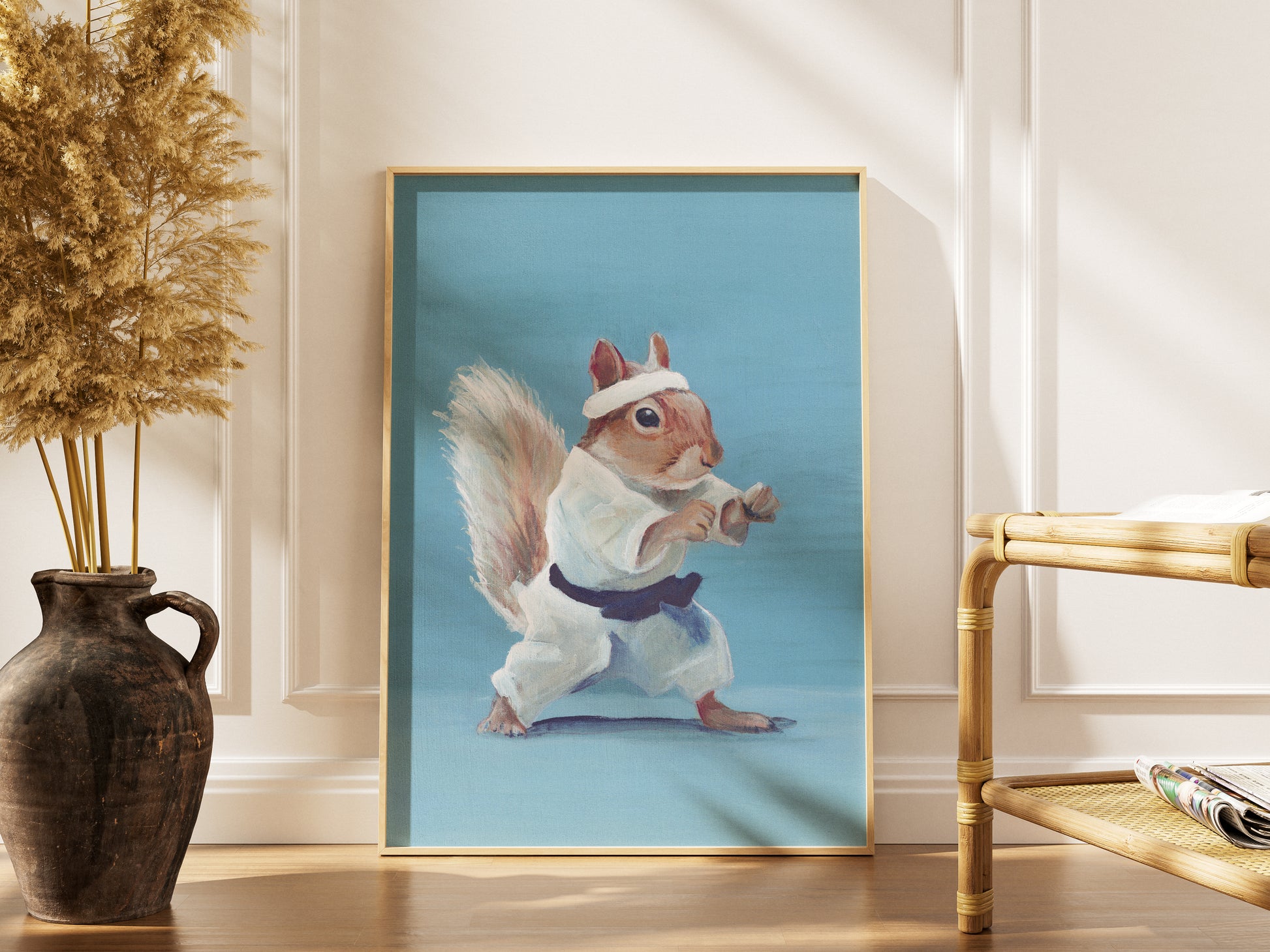 A squirrel in a martial arts pose on a blue background.