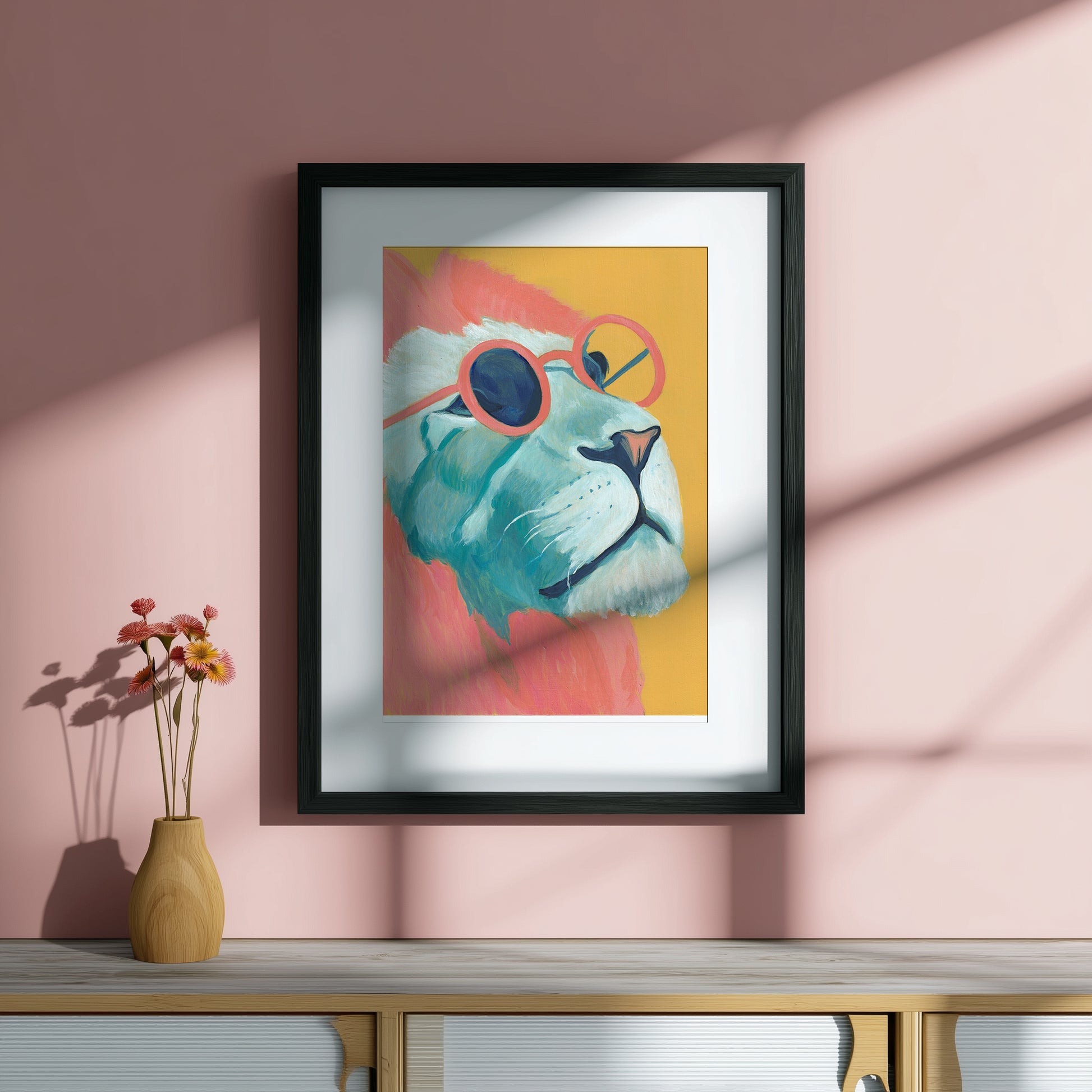 Framed artwork of a stylized lion's face with sunglasses 