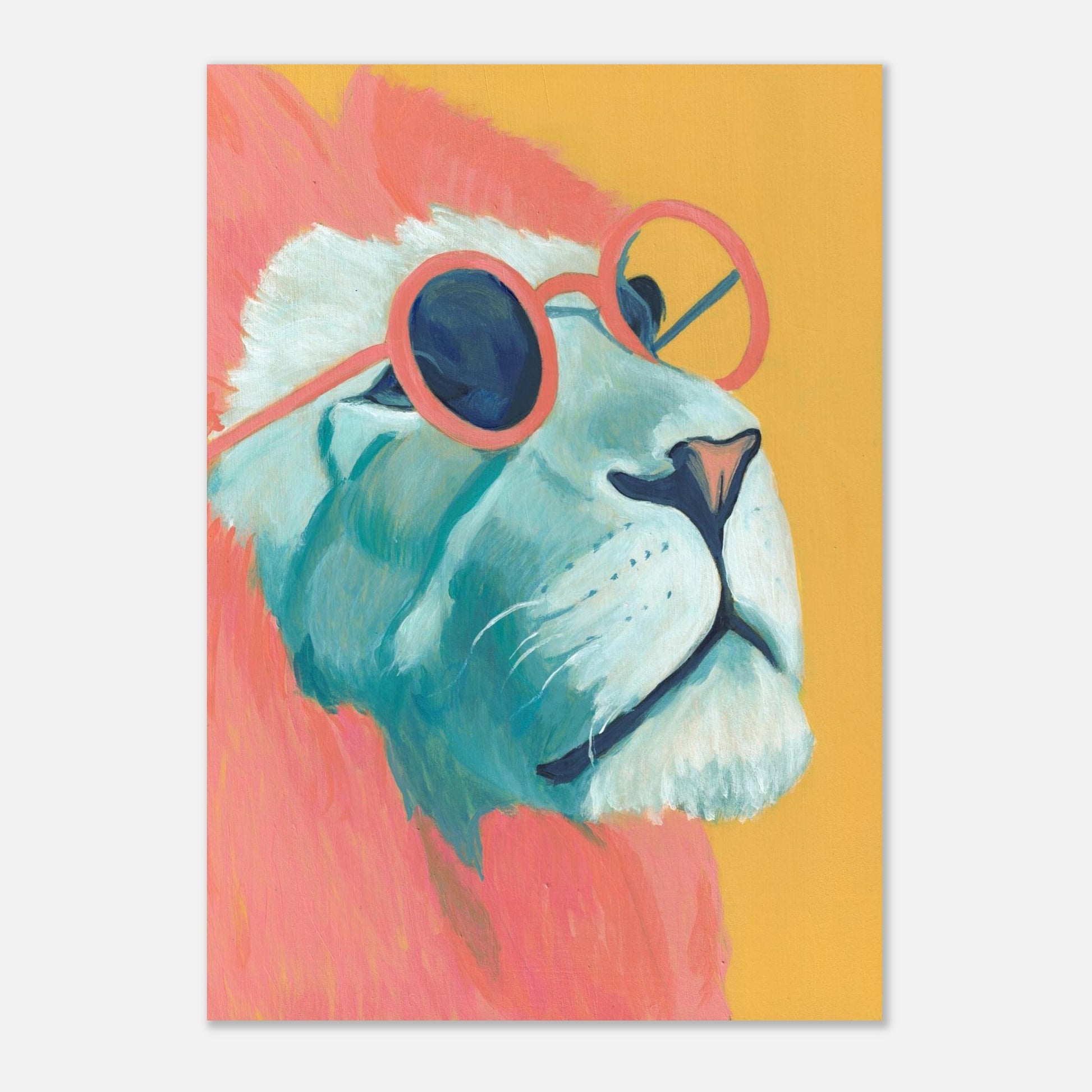 Colorful illustration of a lion wearing sunglasses on an orange background