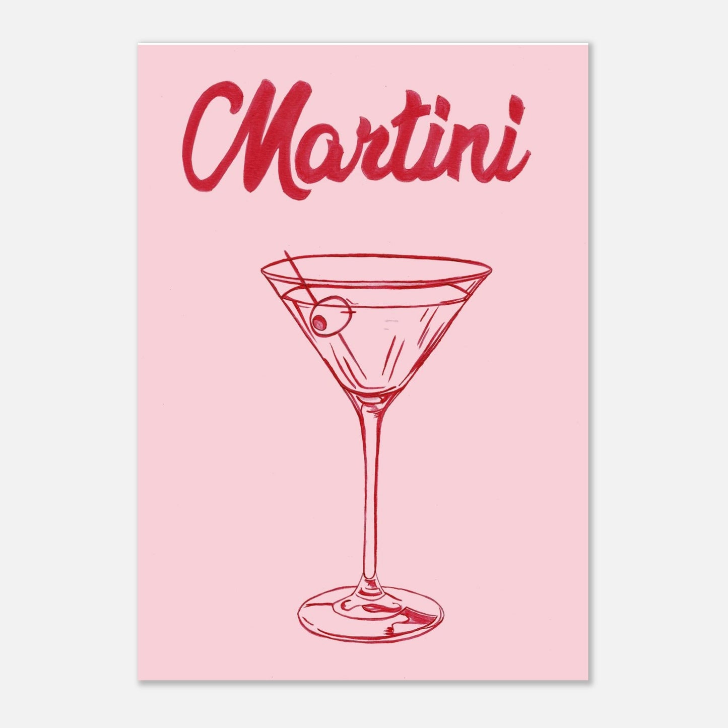 Illustration of a martini glass with an olive on a pink background, featuring the word 'Martini'.