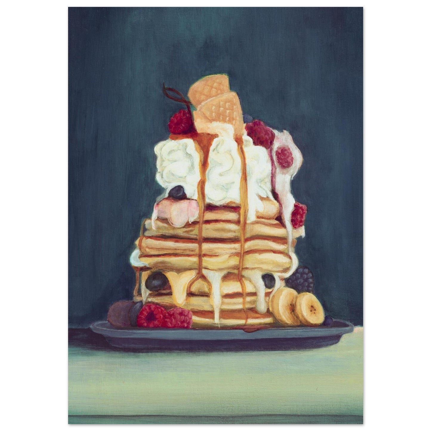 Stack of pancakes with various toppings on a dark background