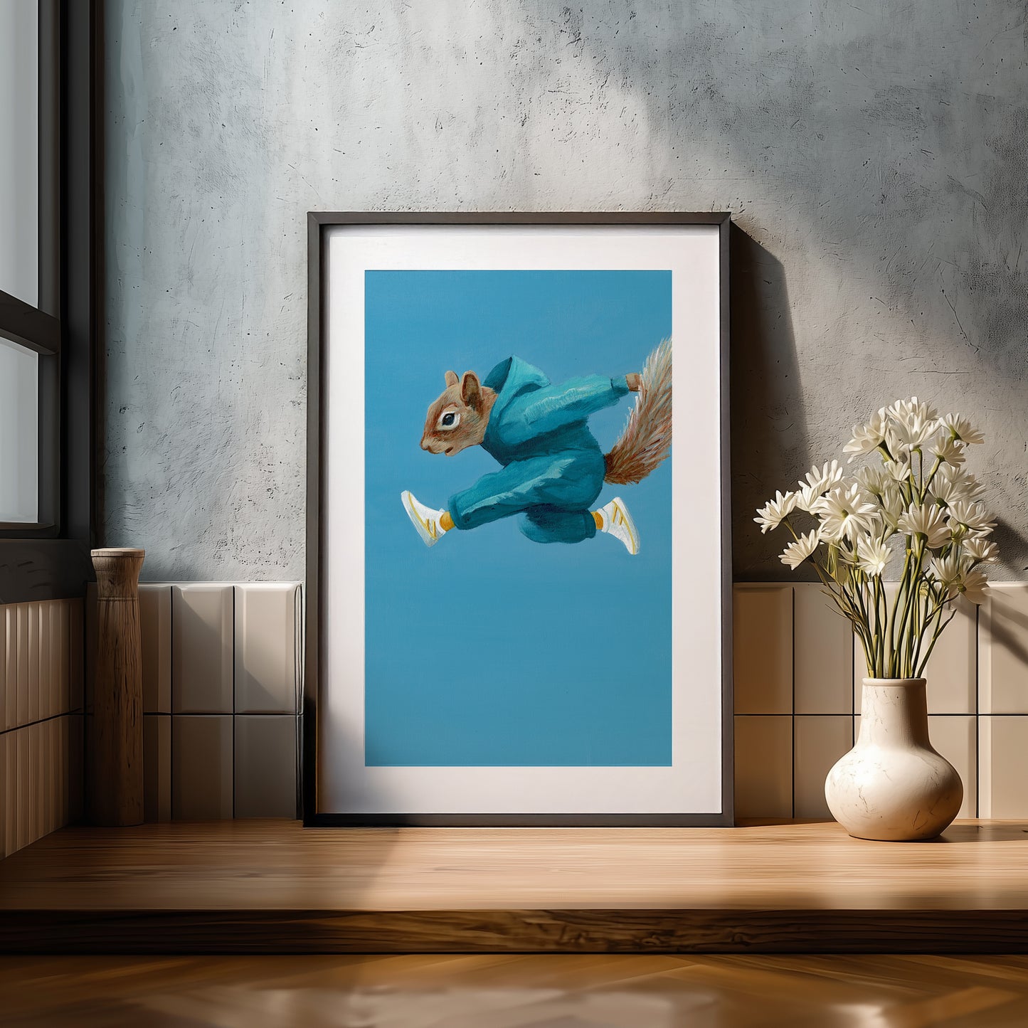 Framed artwork of a squirrel in a blue hoodie.
