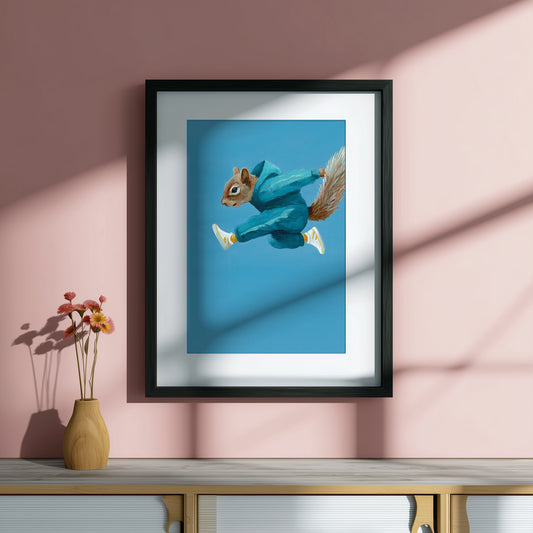 Framed artwork of a squirrel in a blue outfit based on Squid Games