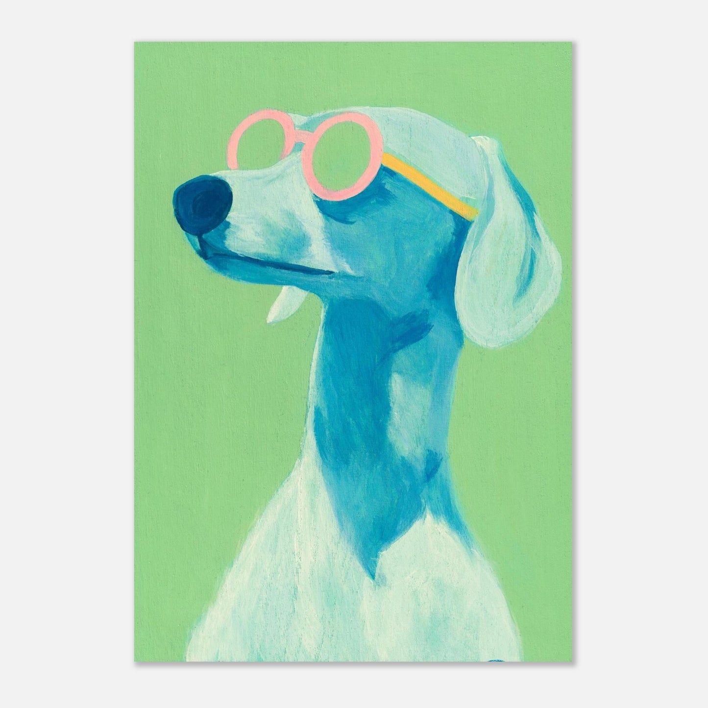 Painting of a blue dog with colorful sunglasses on a green background